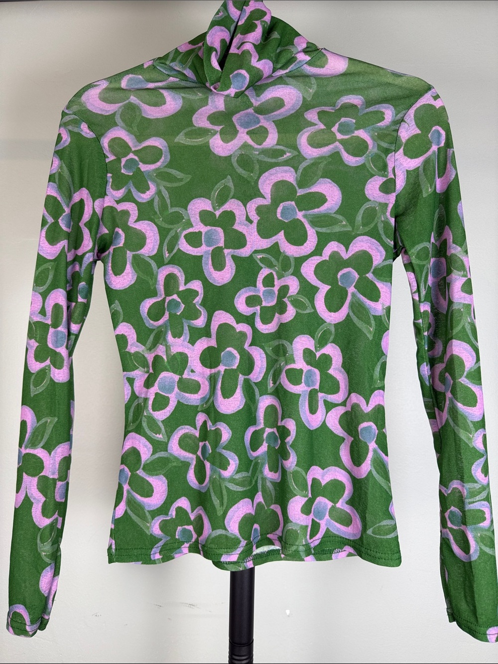 Nasty Gal Green Long-Sleeve Pink Floral Pop Mesh Turtleneck Top Size 6 EUC